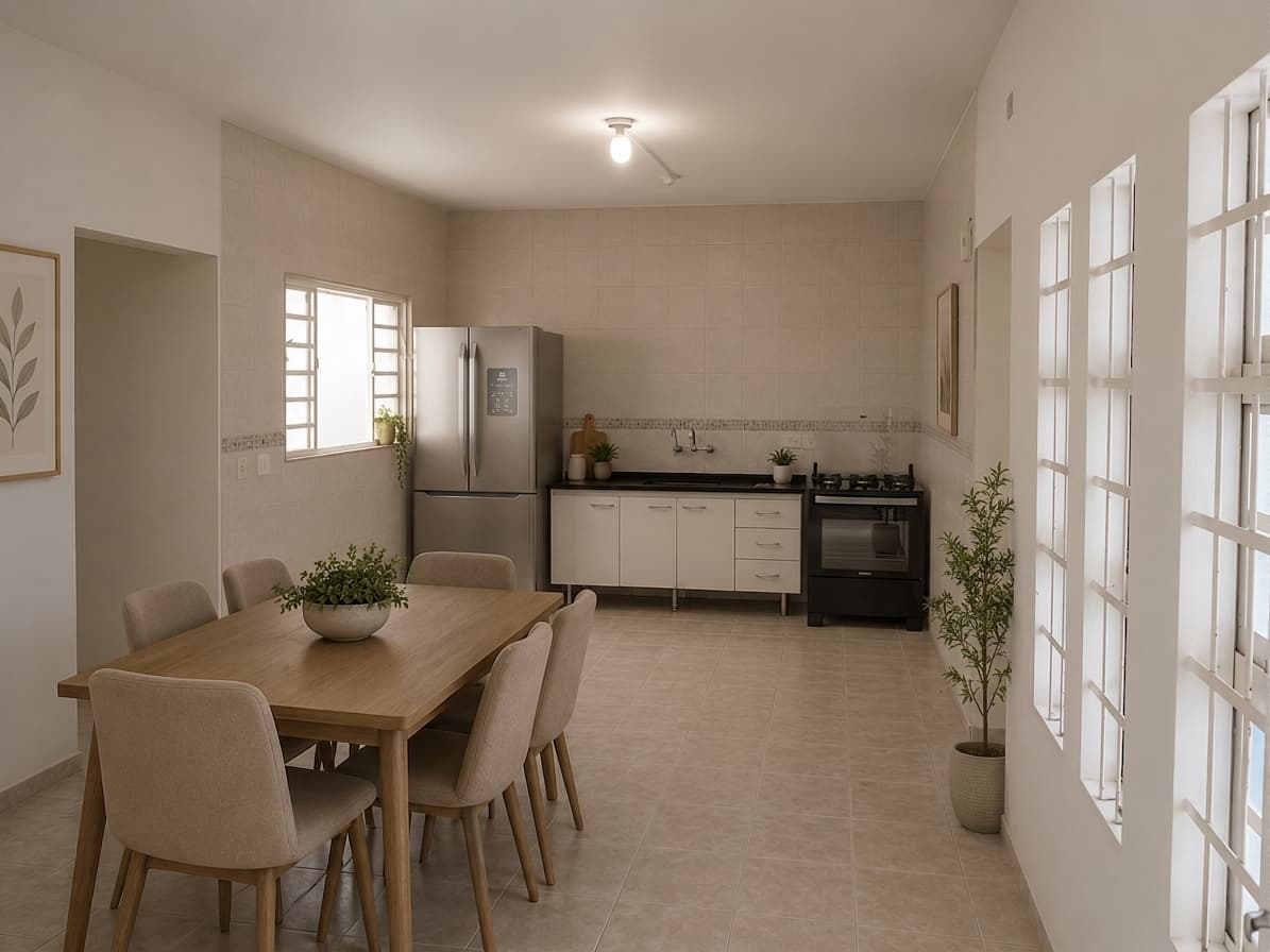 Cozinha com pia e mesa de refeições para seis pessoas